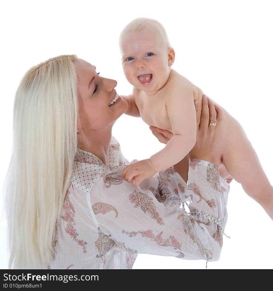 Happy mother with baby over white