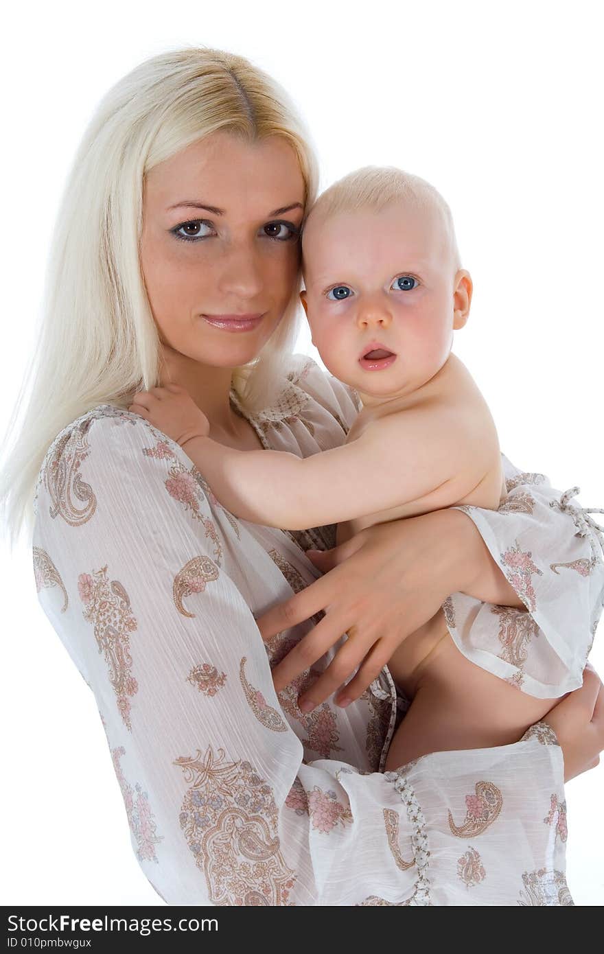 Happy mother with baby over white