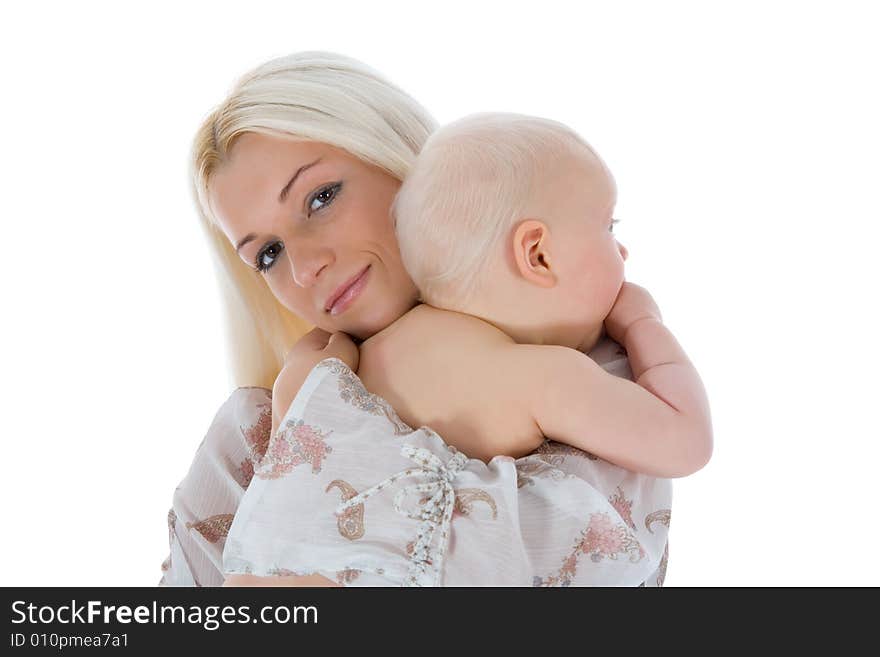 Happy mother with baby over white