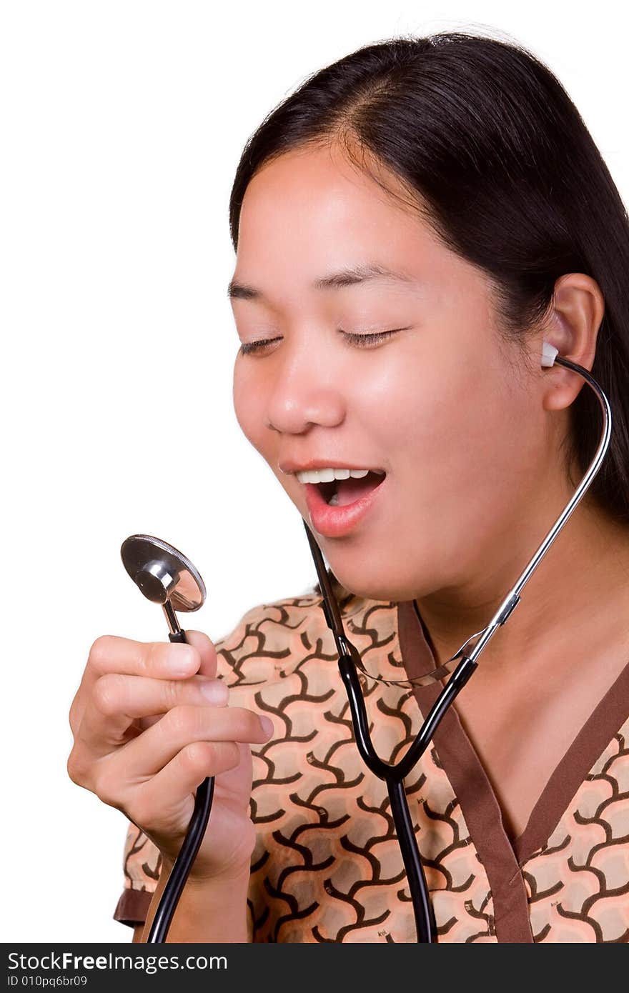 Medical nurse for a sound check on the stethoscope