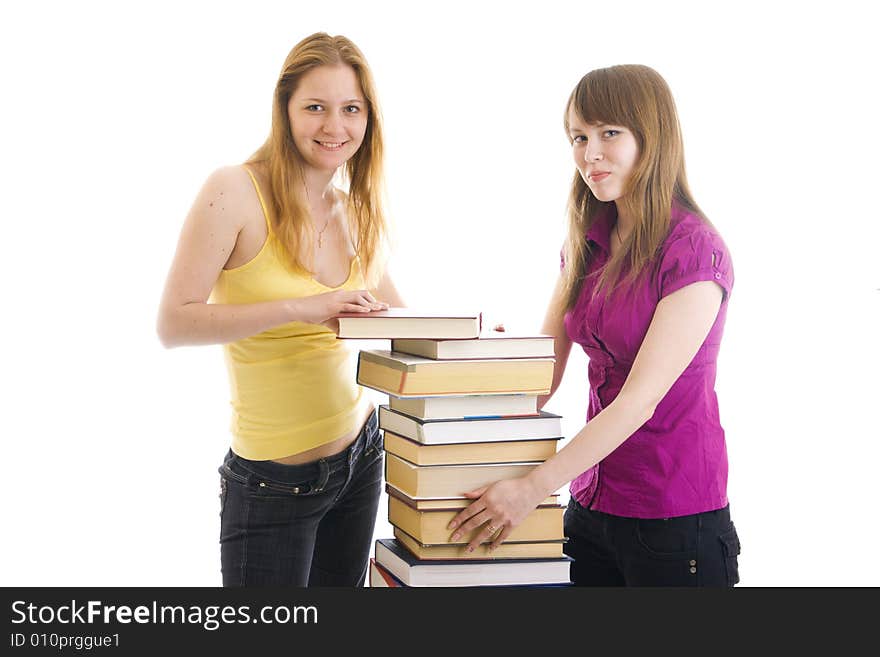 The two young students isolated on a white