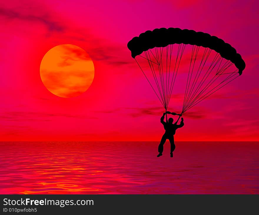 Parachutist in silhouette against a colorful sunset