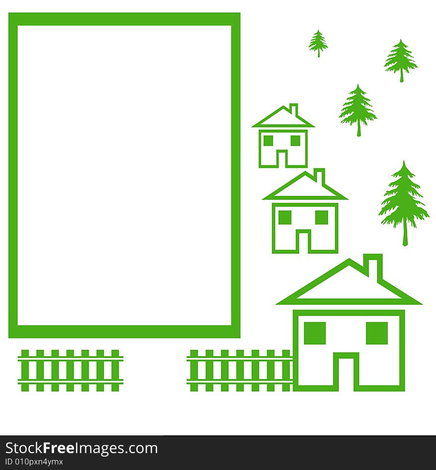 Green community sign with houses and trees