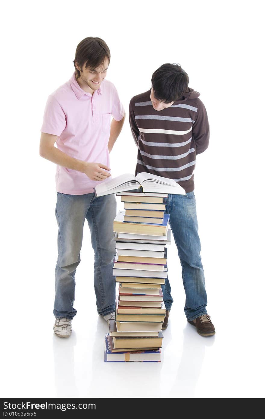 The two young students isolated on a white