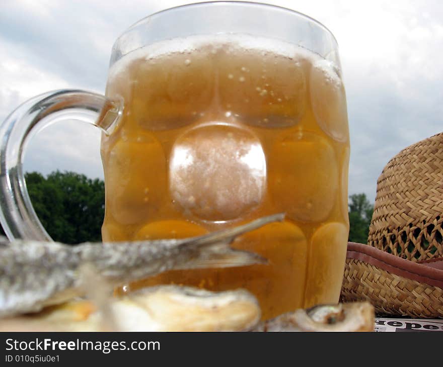 The misted over mug of beer and a dried fish. The misted over mug of beer and a dried fish