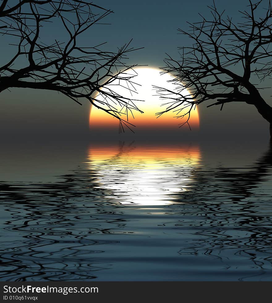 Tree silhouettes  at sunset - digital artwork. Tree silhouettes  at sunset - digital artwork