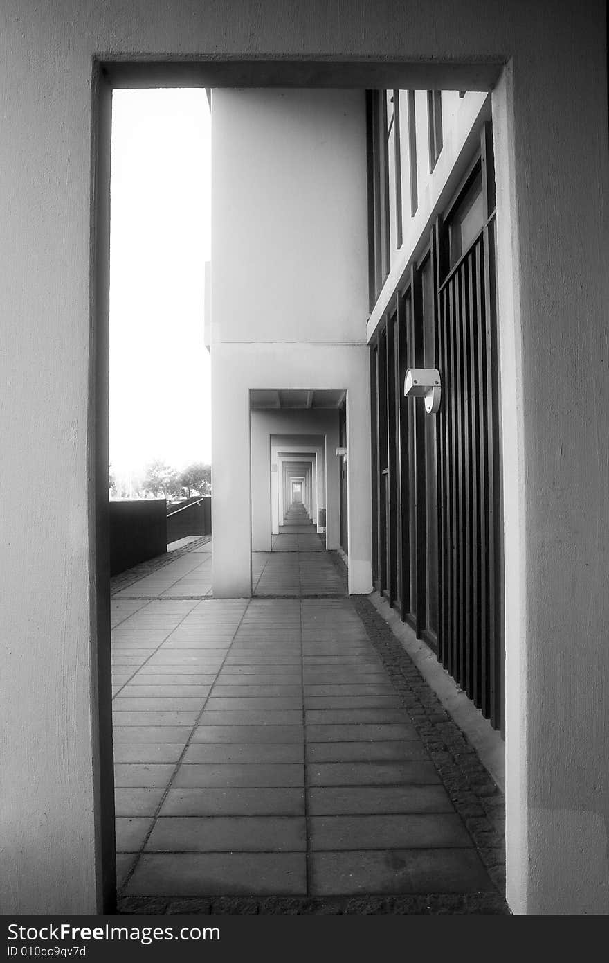 Walkway corridor by flats. modern building