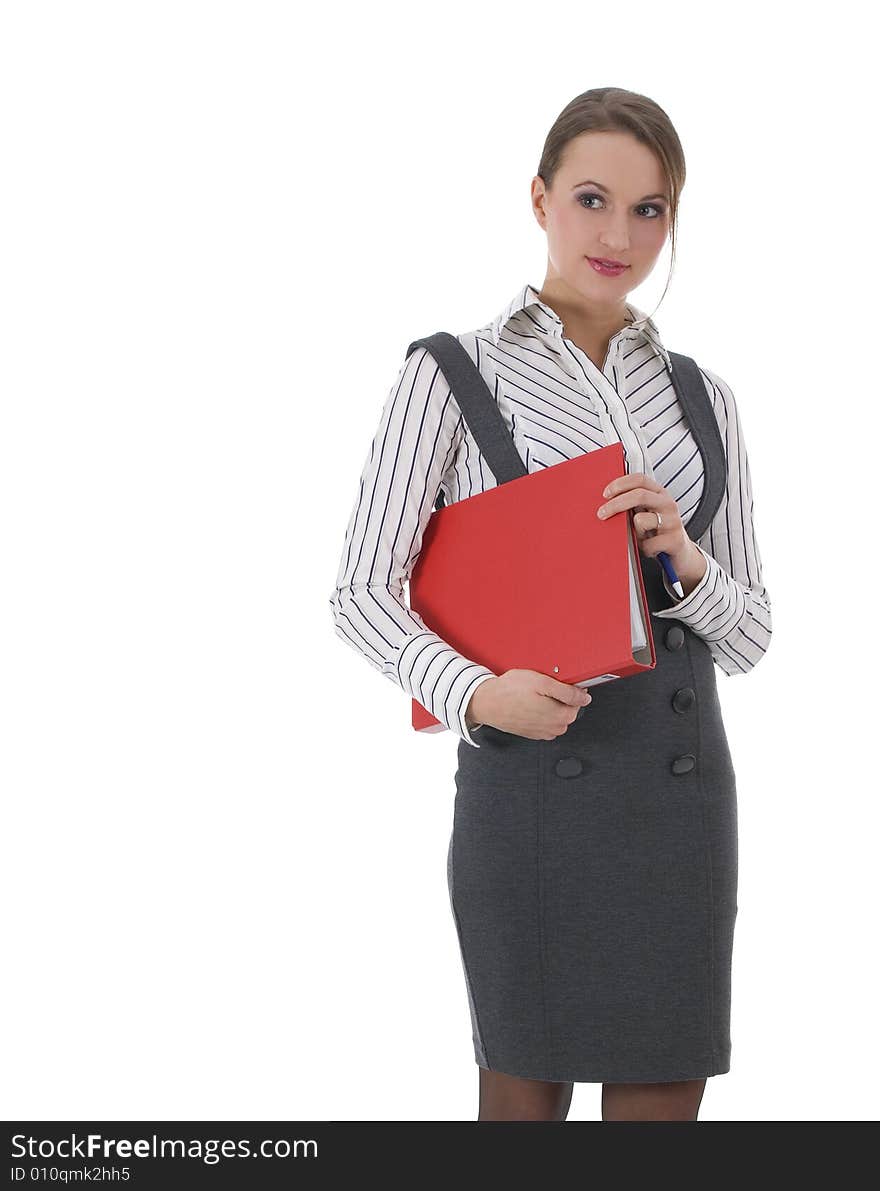 Attractive business woman over white background.