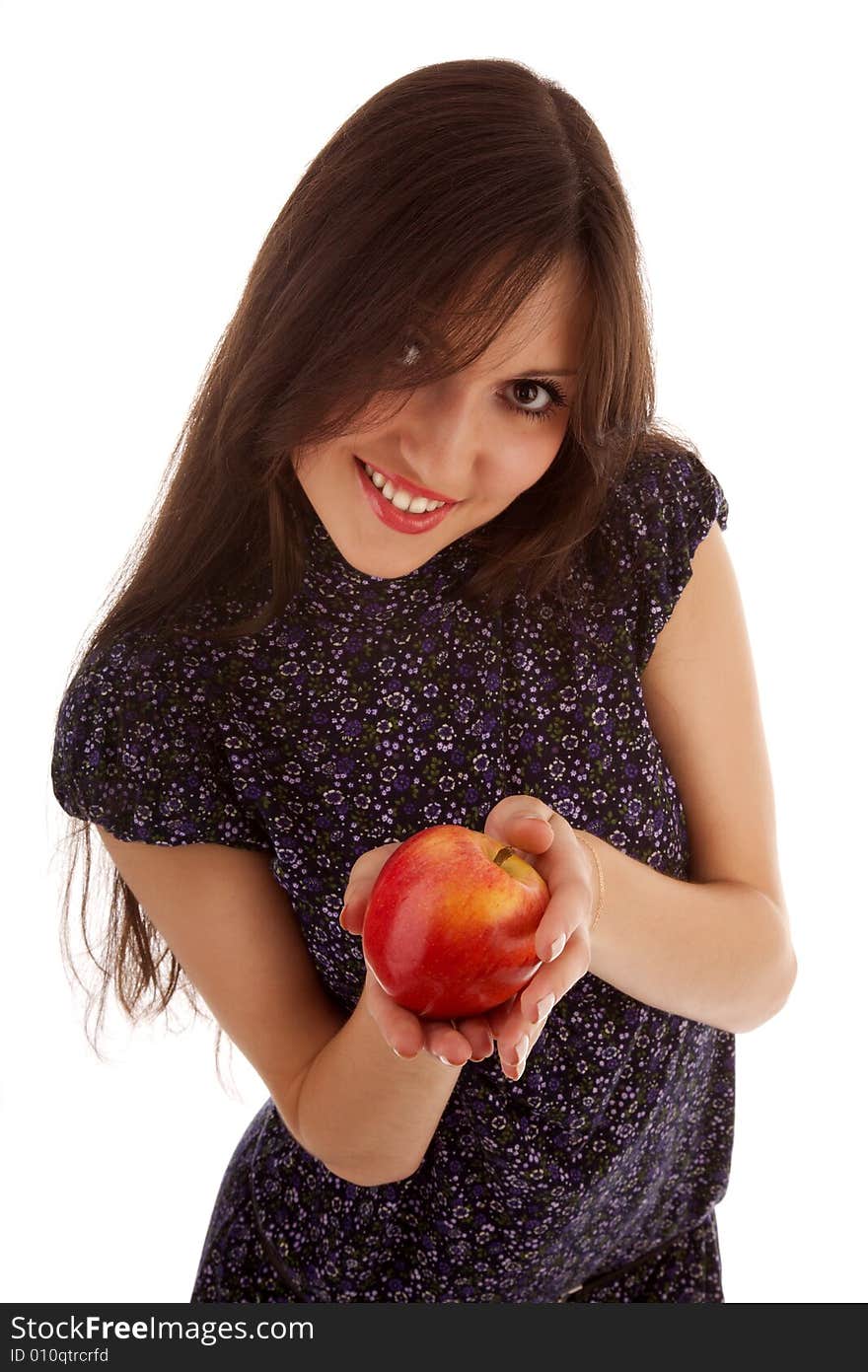 Young beautiful girl with apple on the white. Young beautiful girl with apple on the white