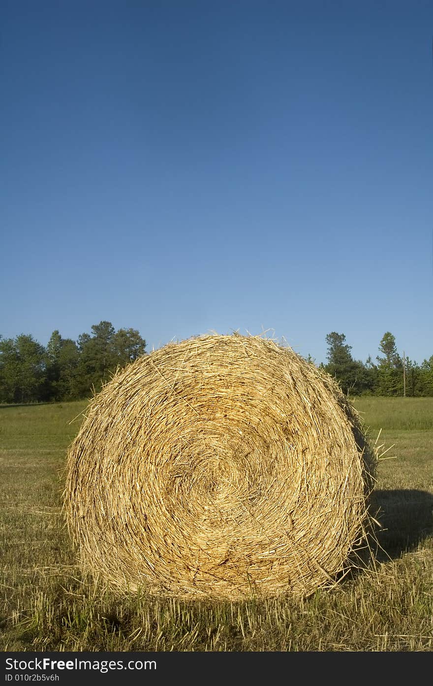 Perfect Single Hay Bale Roll with lots of copy space in the big blue sky. Perfect Single Hay Bale Roll with lots of copy space in the big blue sky