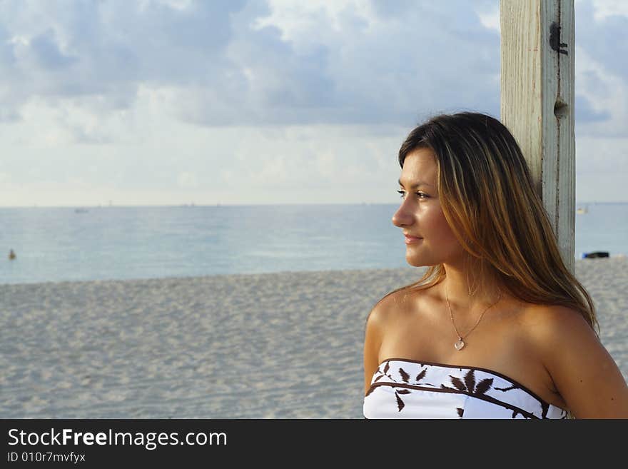 Young female watching the sunrise at the beach. Young female watching the sunrise at the beach.