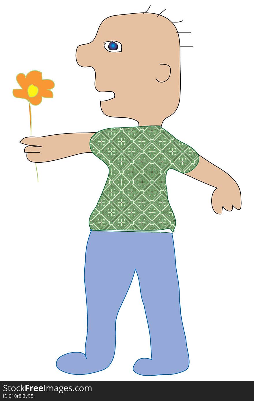 Illustration, computer drawing, young man is holding flower. Illustration, computer drawing, young man is holding flower