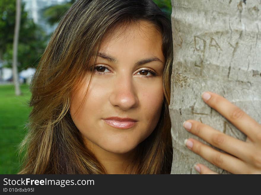 Young female hugging a palm tree. Young female hugging a palm tree.