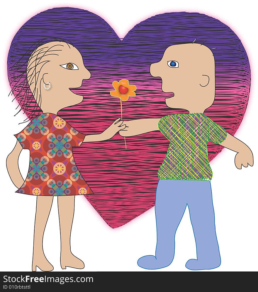 Illustration, computer drawing, young man gives flower woman, background image is heart. Illustration, computer drawing, young man gives flower woman, background image is heart