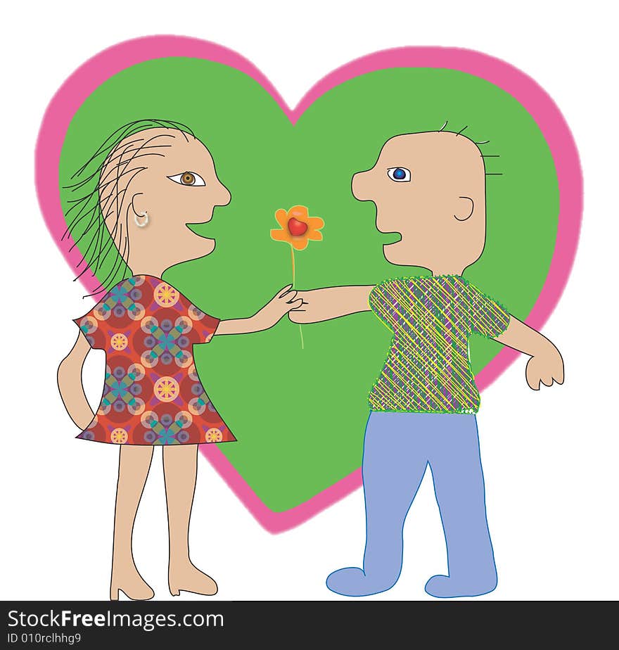 Illustration, computer drawing, young man gives flower woman, background image is heart. Illustration, computer drawing, young man gives flower woman, background image is heart