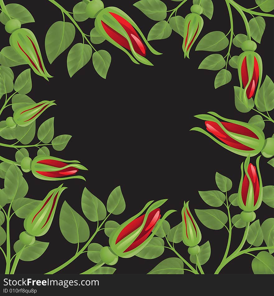 Black background with red roses and green leaves