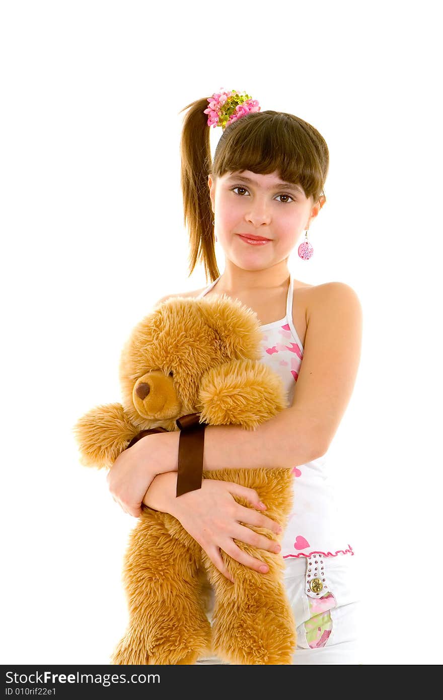 Happy girl with toy isolated over white background