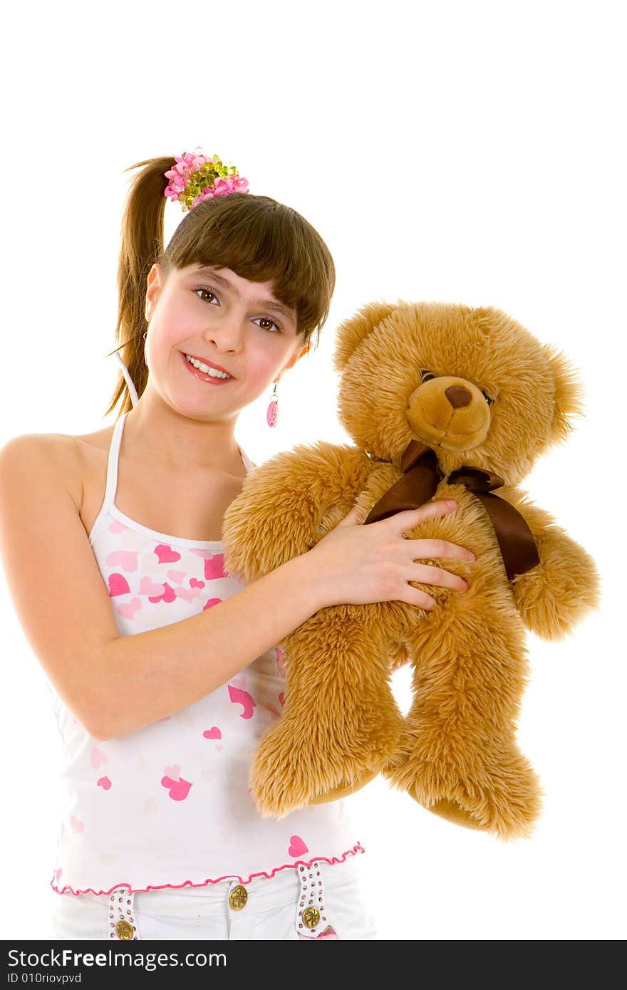 Happy girl with toy isolated over white background