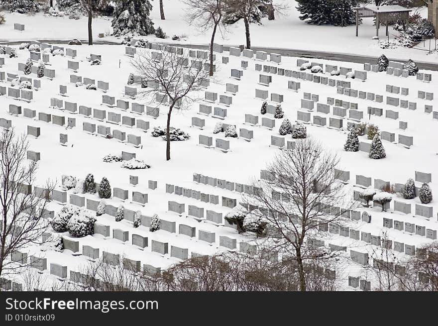 Cemetery in winter time in snow