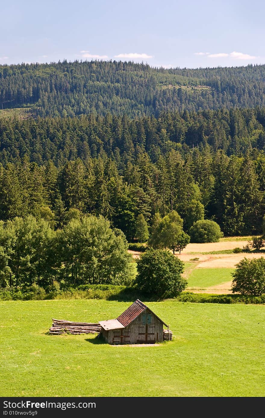 A field and a few old cottages in the swiss alps