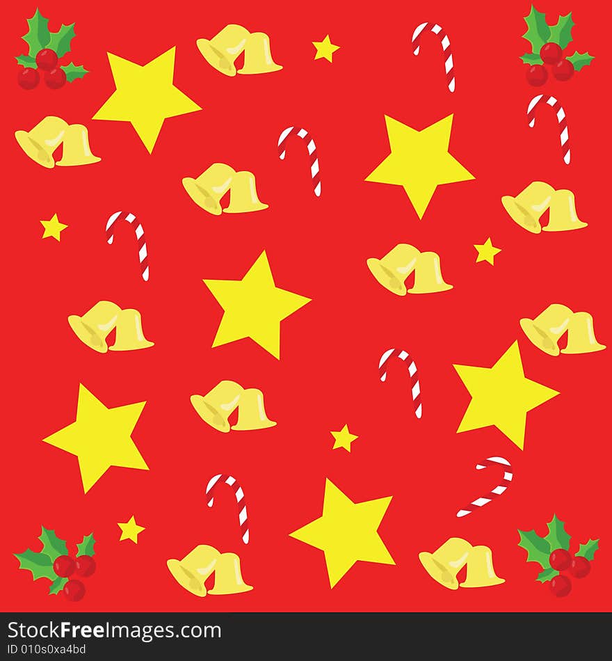 Illustration of a Christmas background with stars, candy canes, bells and cherries