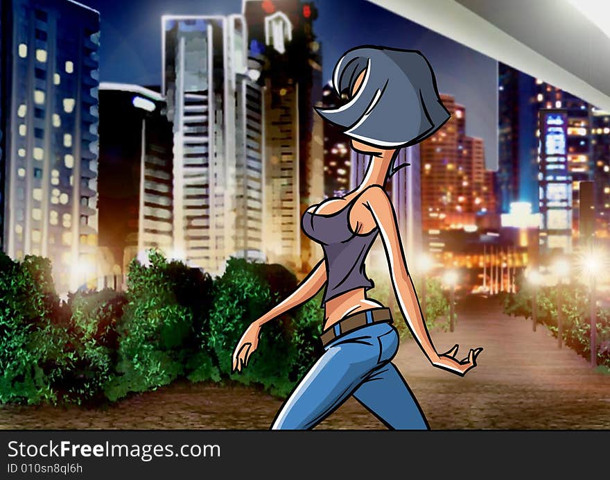 Illustration. Sexy girl walking around the night city. Illustration. Sexy girl walking around the night city.