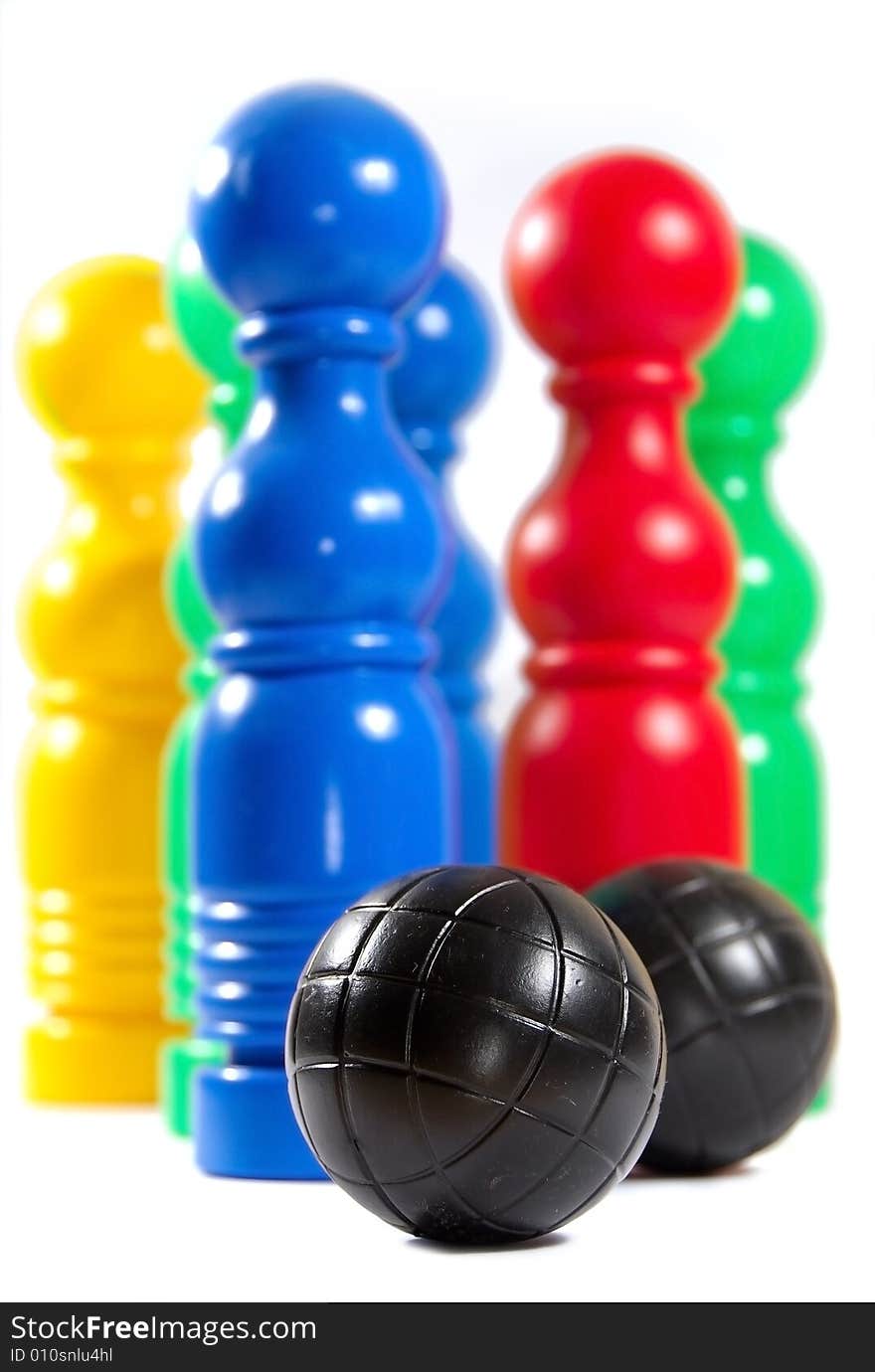 Colorful bowling pins and ball