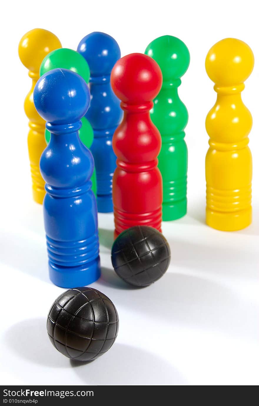 Colorful bowling pins and ball