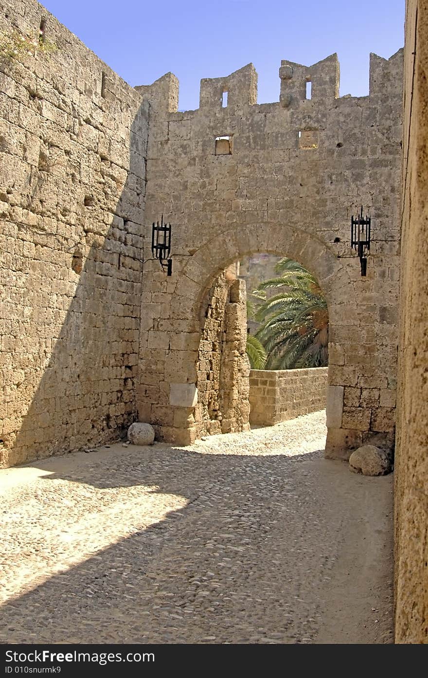 A Gate into the ST Johns Castle on Rodos in the Greek Islands. A Gate into the ST Johns Castle on Rodos in the Greek Islands