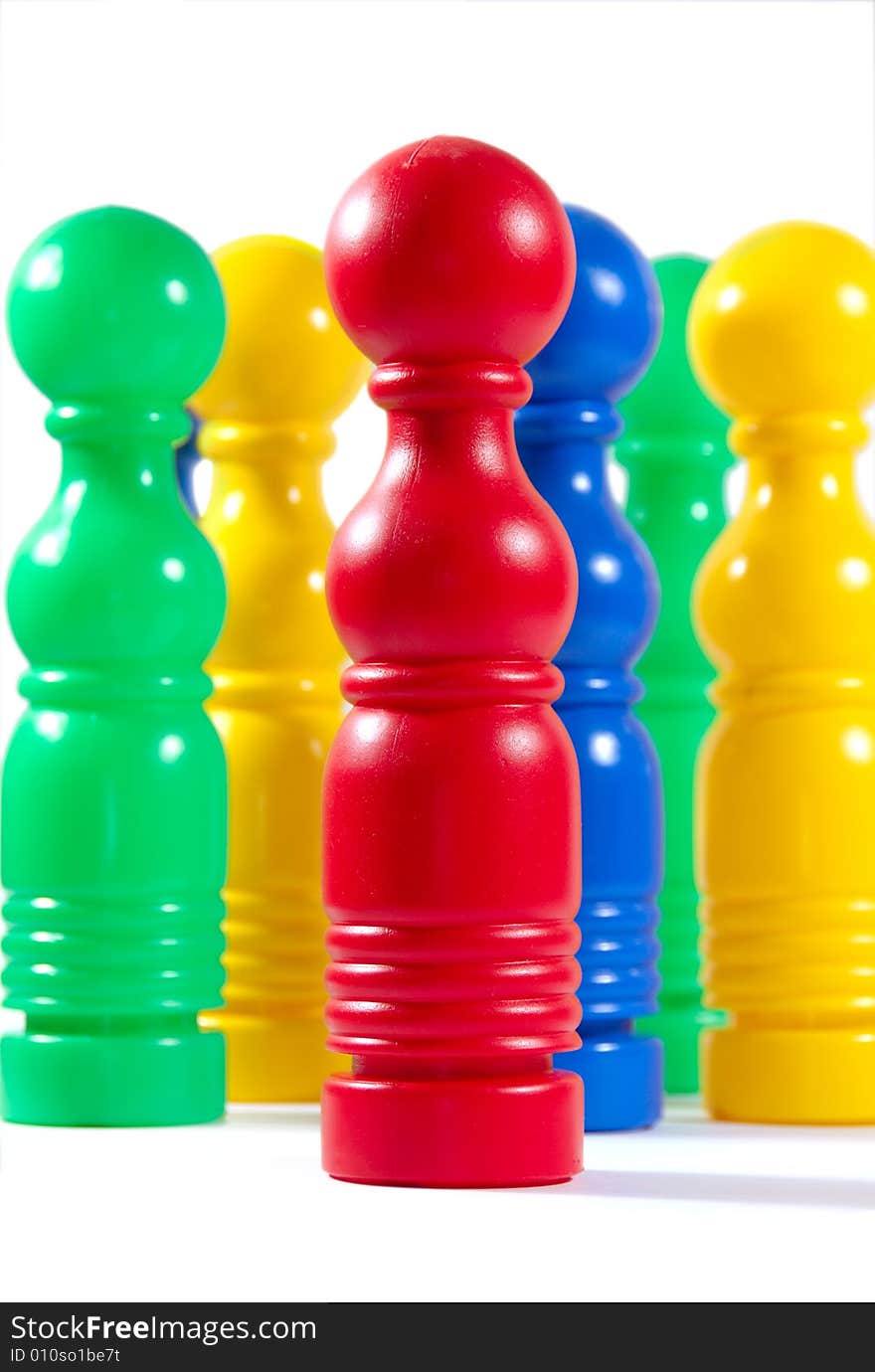 Colorful bowling pins on white background