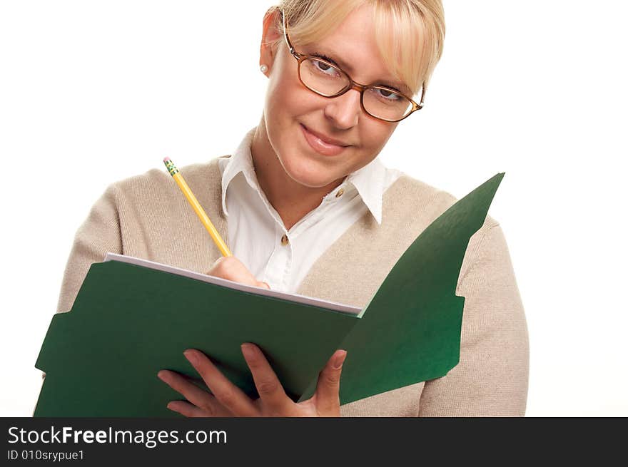 Writing Business Woman with Pencil and Folder