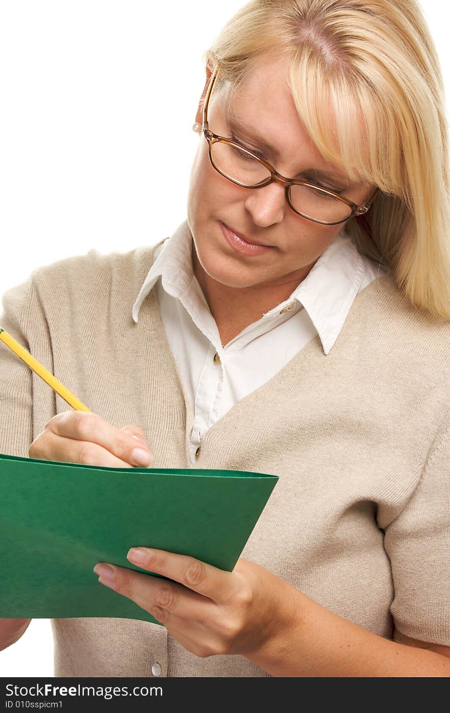 Beautiful Woman with Pencil and Folder