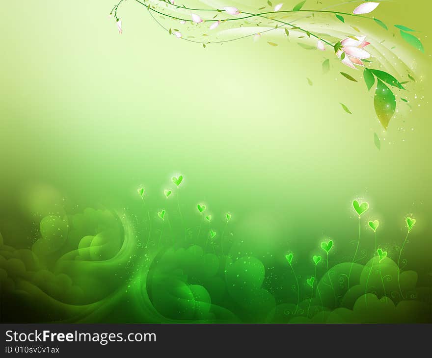 Green hearts background whis leaves and flowers