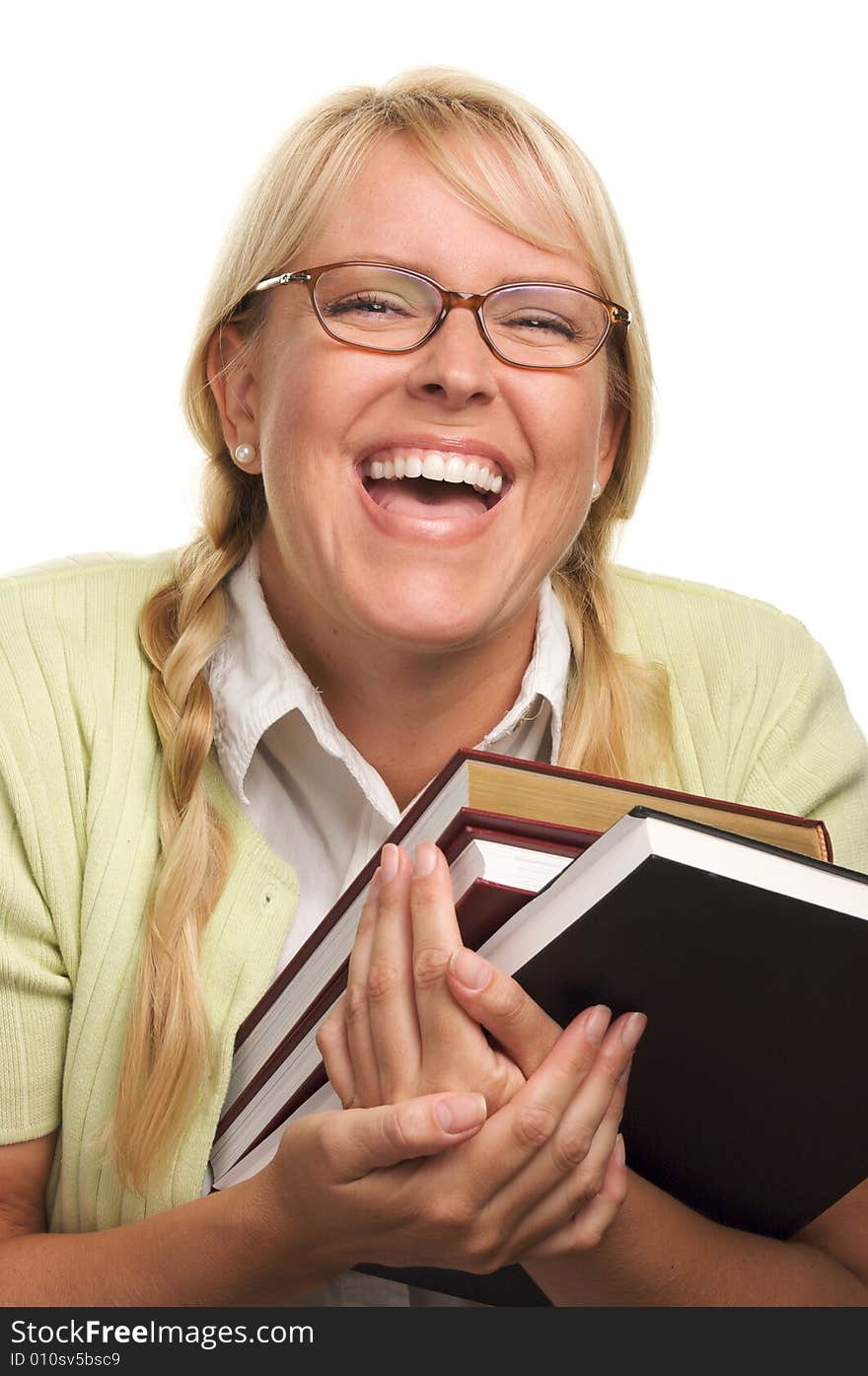 Happy Woman Carries Stack Of Books