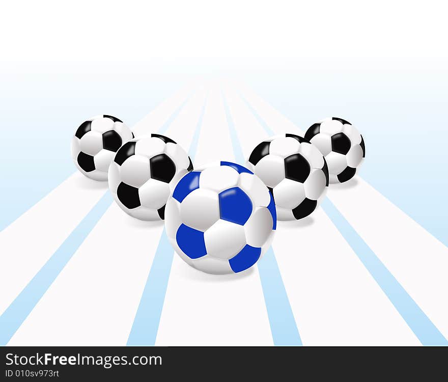 Five balls for football, black and blue