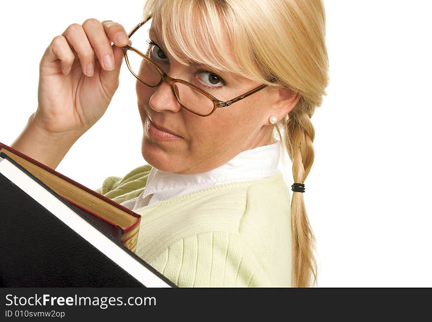 Attractive Woman with a Stack of Books Isolated on a White Background. Attractive Woman with a Stack of Books Isolated on a White Background.