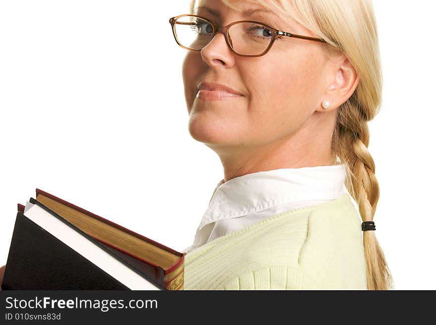 Attractive Woman with a Stack of Books Isolated on a White Background. Attractive Woman with a Stack of Books Isolated on a White Background.