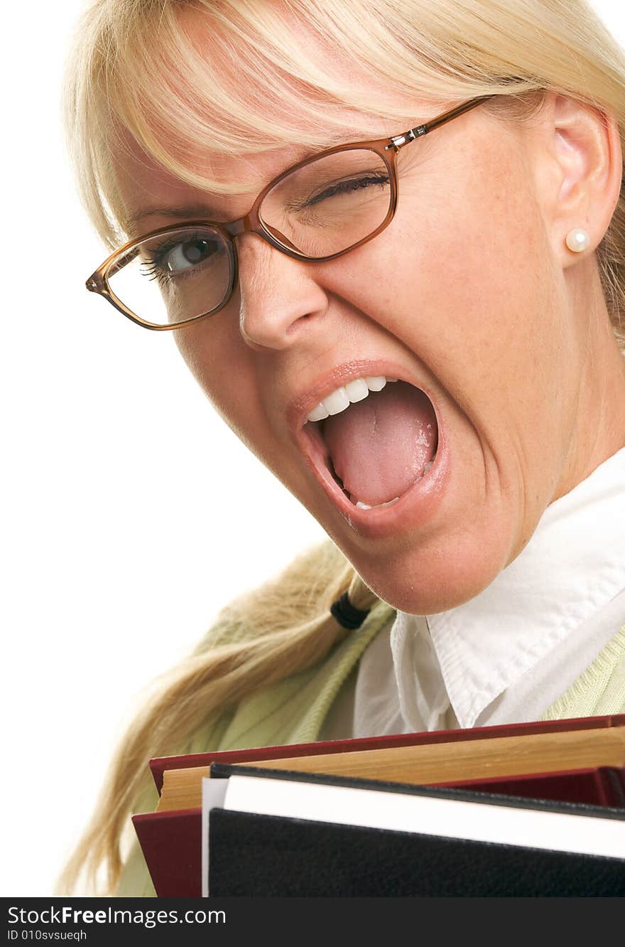 Beautiful Woman Winks & Carries Stack of Books