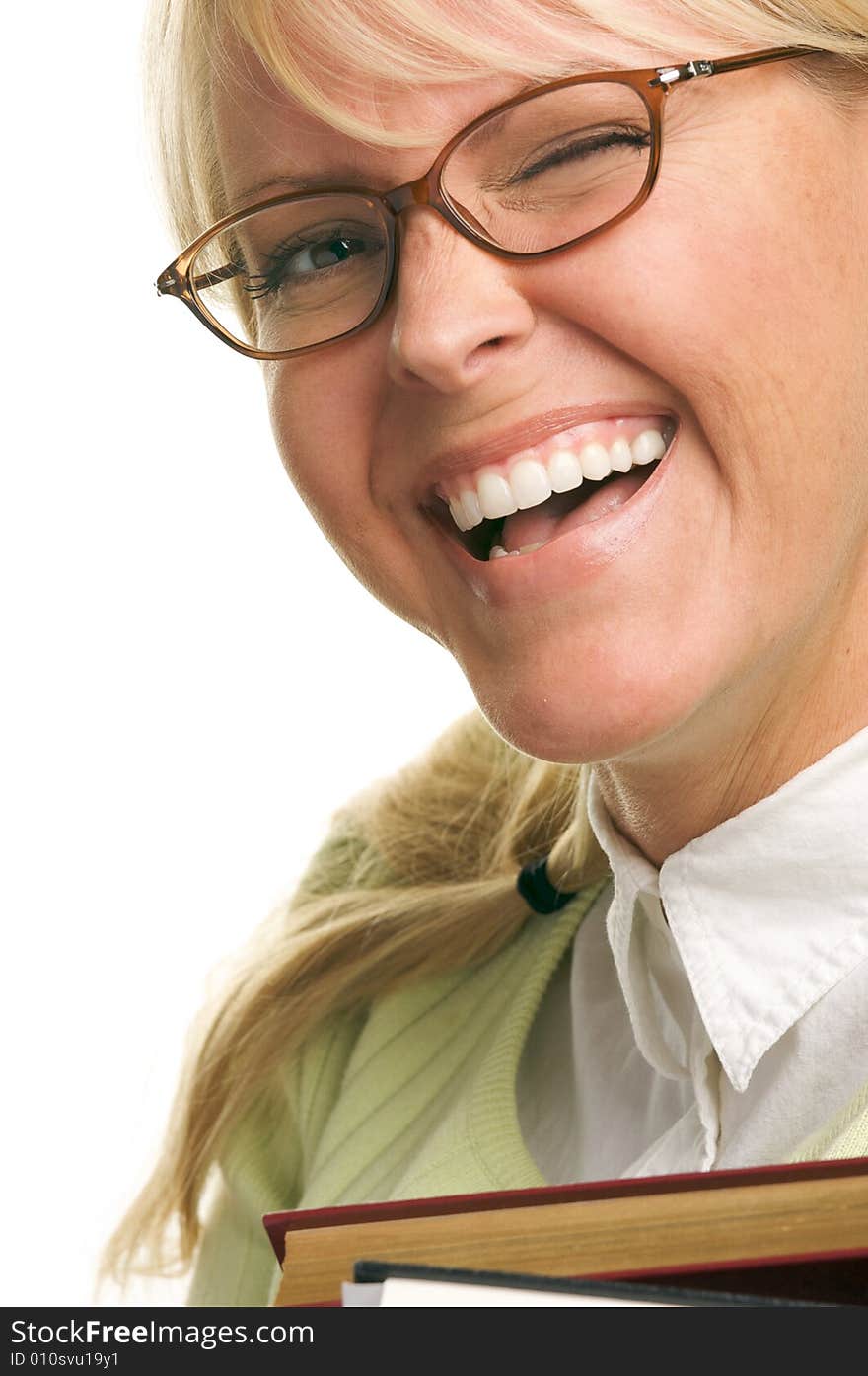 Blond Woman Winks & Carries Stack of Books