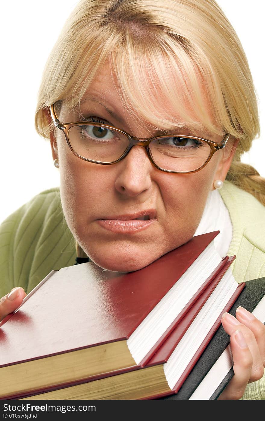 Bored Attractive Woman Carries Stack of Books