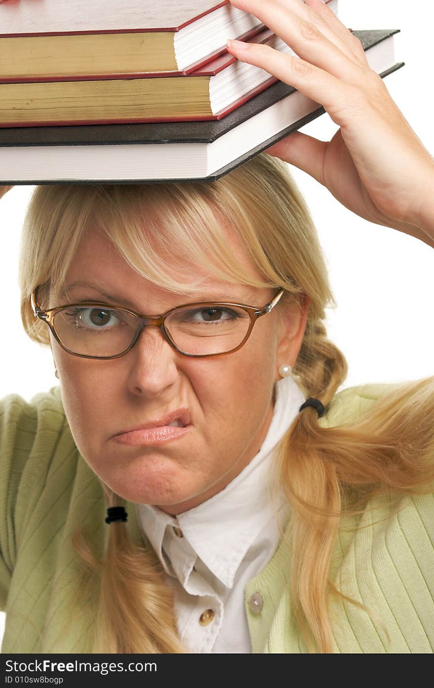 Bored Attractive Woman Carries Stack of Books