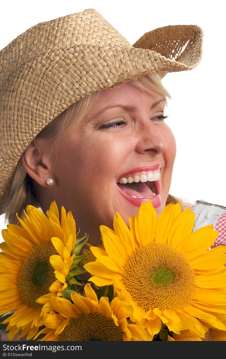 Attractive Blond With Sunflower & Hat