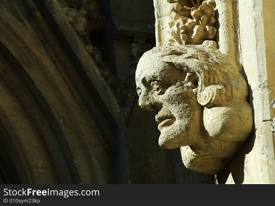 Stone Head on the facade of the York Minster, York, England