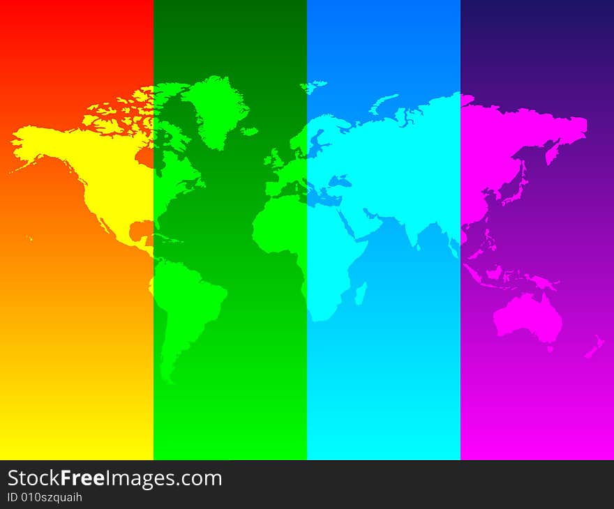 Colorful world map illustration in four windows