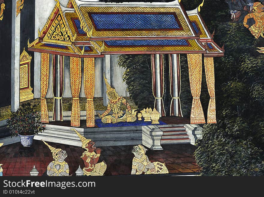 Thailand, Bangkok; the Wat Phra Kaew shelter the Emerald Buddha, the most sacred image of Thailand. The temple is situated in the northeast corner of the Grand Palace. Wall painting with mythological scenes. Thailand, Bangkok; the Wat Phra Kaew shelter the Emerald Buddha, the most sacred image of Thailand. The temple is situated in the northeast corner of the Grand Palace. Wall painting with mythological scenes