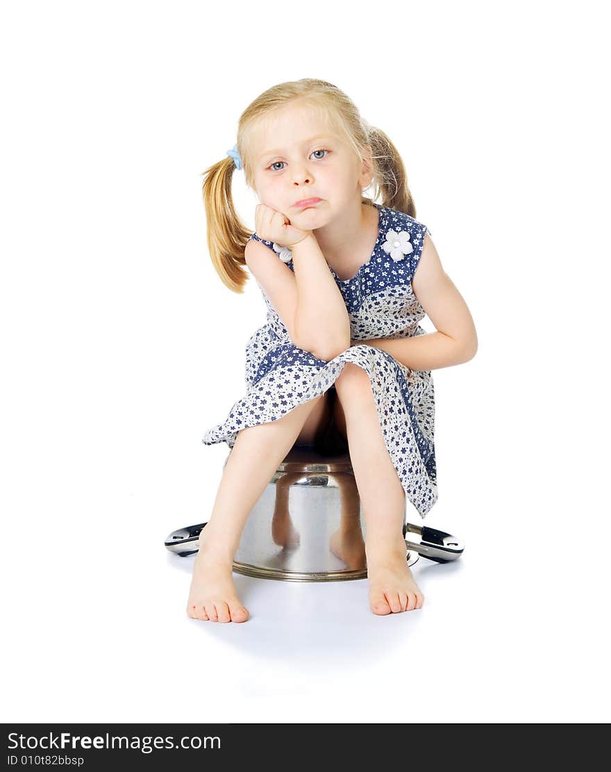 Little Cute Girl Sitting Over Saucepan