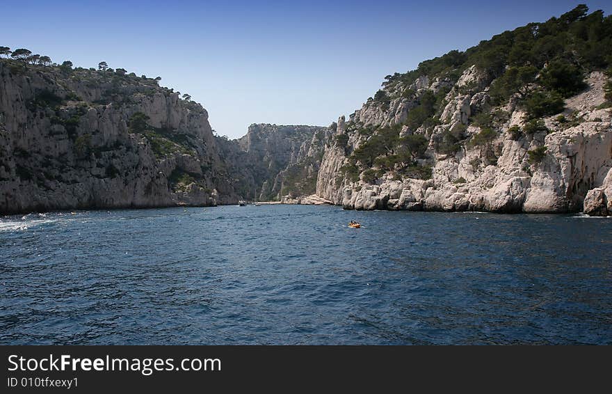 Calanques coastline near Marseille on French Riviera, france, with boat. Calanques coastline near Marseille on French Riviera, france, with boat