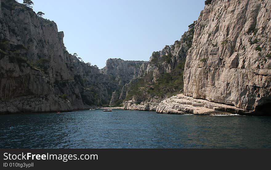 Calanques coastline near Marseille on French Riviera, france, with boat, en-vau. Calanques coastline near Marseille on French Riviera, france, with boat, en-vau