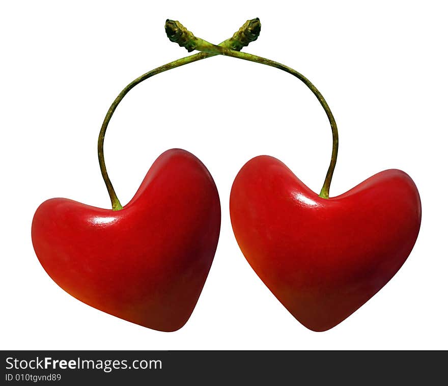 Two cherries hearts isolated over white