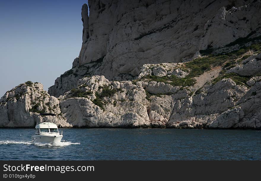 Calanques coastline near Marseille on French Riviera, france, with boat,. Calanques coastline near Marseille on French Riviera, france, with boat,